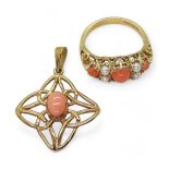 A 9ct gold coral and pearl ring, size O, together with a 9ct coral set pendant weight together 5.