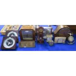 Assorted clocks, to include a brass rectangular desk calendar/barometer/thermometer timepiece by