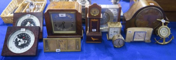 Assorted clocks, to include a brass rectangular desk calendar/barometer/thermometer timepiece by