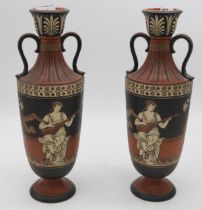 A pair of Mettlach ceramic twin handled urns decorated Condition Report:Available upon request