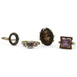 Four 9ct and yellow metal rings, amethyst size M, smoky quartz M1/2, Cz P, yellow  and white metal