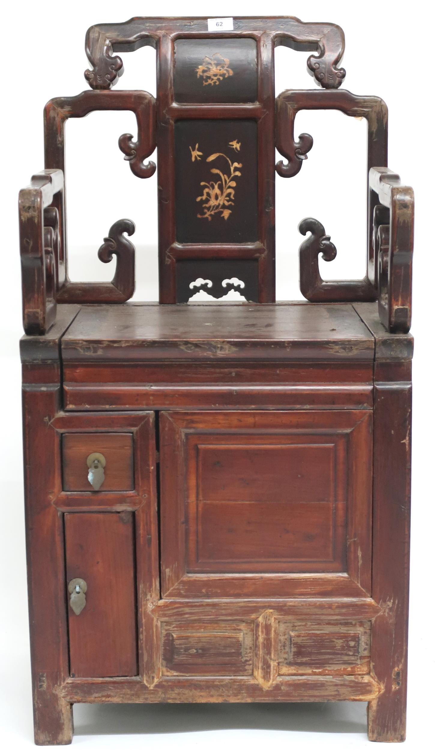 A Chinese hardwood chair with pierced shaped back and arms over hinged seat alongside single