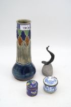 A Royal Doulton vase, a Kelvin Chen enamel pot, a cloisonne pot and a bird sculpture Condition