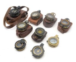 Eight various compasses, to include a WW1 military-issue Verners Pattern example by E.R. Watts &