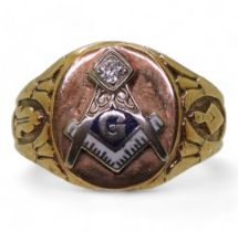 A 10k gold Masonic signet ring, set with a diamond and enamel, size U1/2, weight 6.1gms Condition