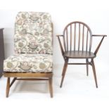 A lot comprising a mid 20th century elm and beech Ercol rail back lounge chair with cream foliate