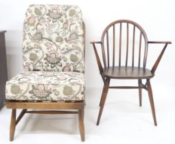 A lot comprising a mid 20th century elm and beech Ercol rail back lounge chair with cream foliate
