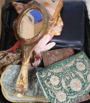 Ladies beaded bags, a gilt wood hand mirror, candlewick bedspreads, ladies scarves etc Condition