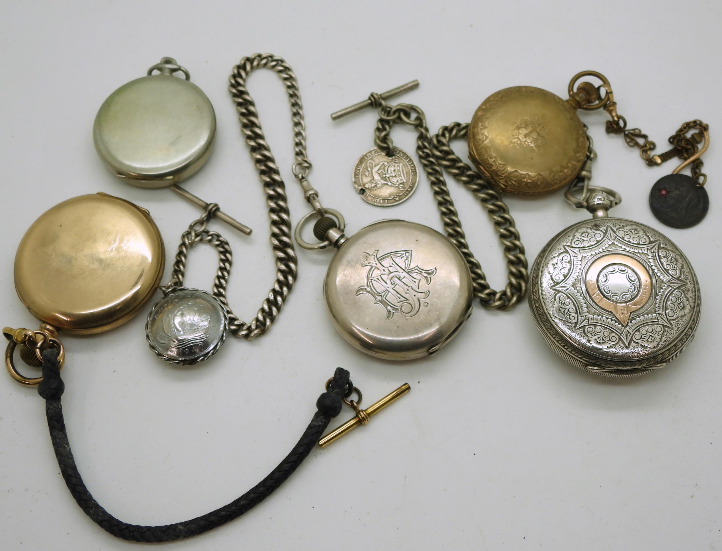 A collection of pocket watches, a silver open face pocket watch, hallmarked 1891, with base metal - Image 3 of 5