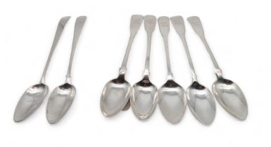 A collection of Georgian and later Scottish silver spoons, five in the fiddle pattern, one by Robert
