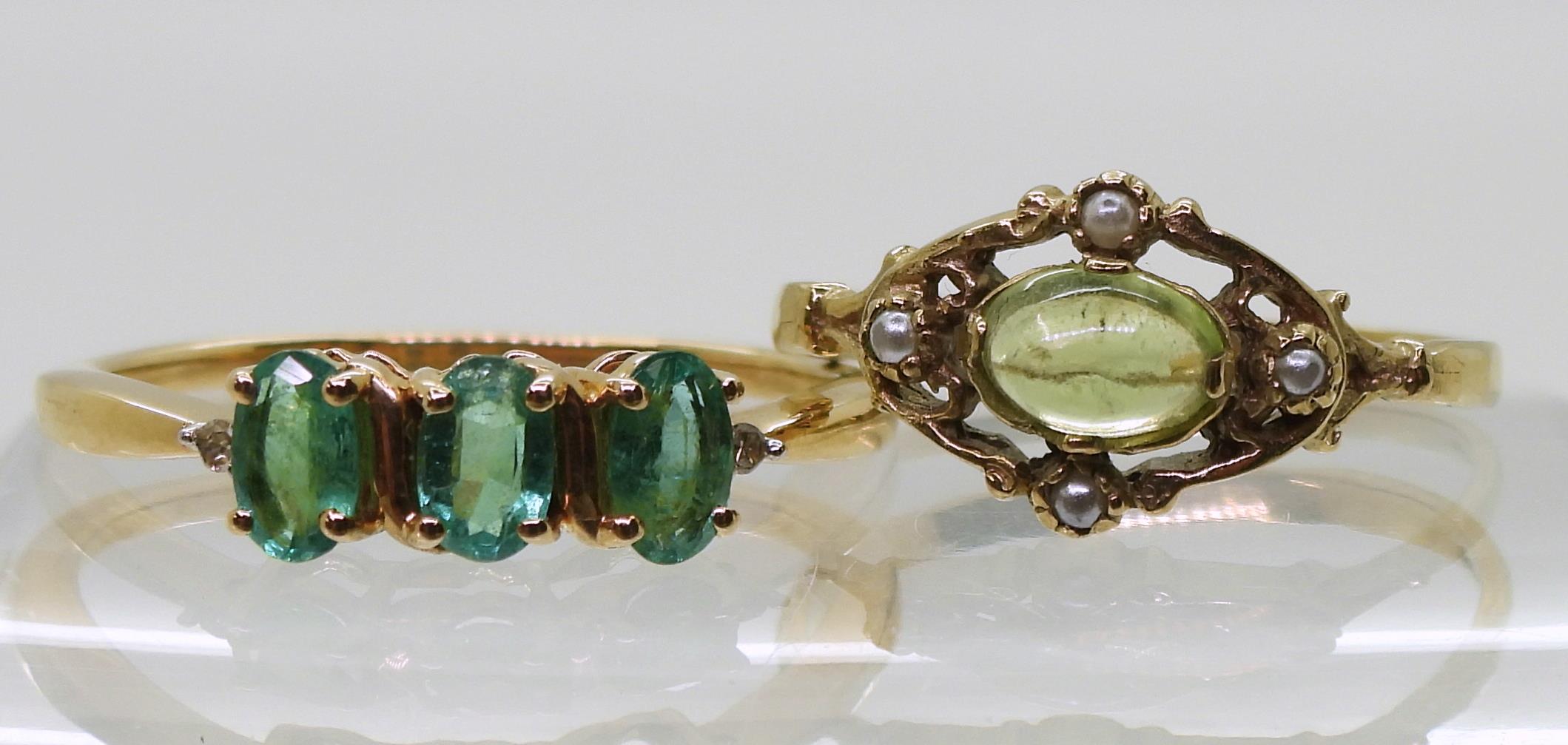 A 9ct gold apatite and diamond ring, size S, together with a 9ct gold peridot and faux pearl ring, - Image 2 of 4