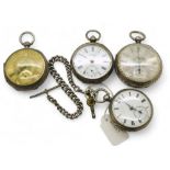 Four silver pocket watches, a silver open face pocket watch with decorative silver and yellow