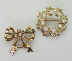 Two 9ct gold brooches set with pearls, weight 7.1gms Condition Report:Available upon request