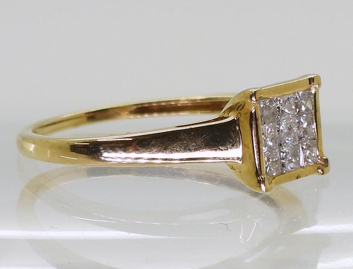 A 9ct gold princess cut diamond cluster ring, set with nine diamonds with an estimated approximate - Image 2 of 3