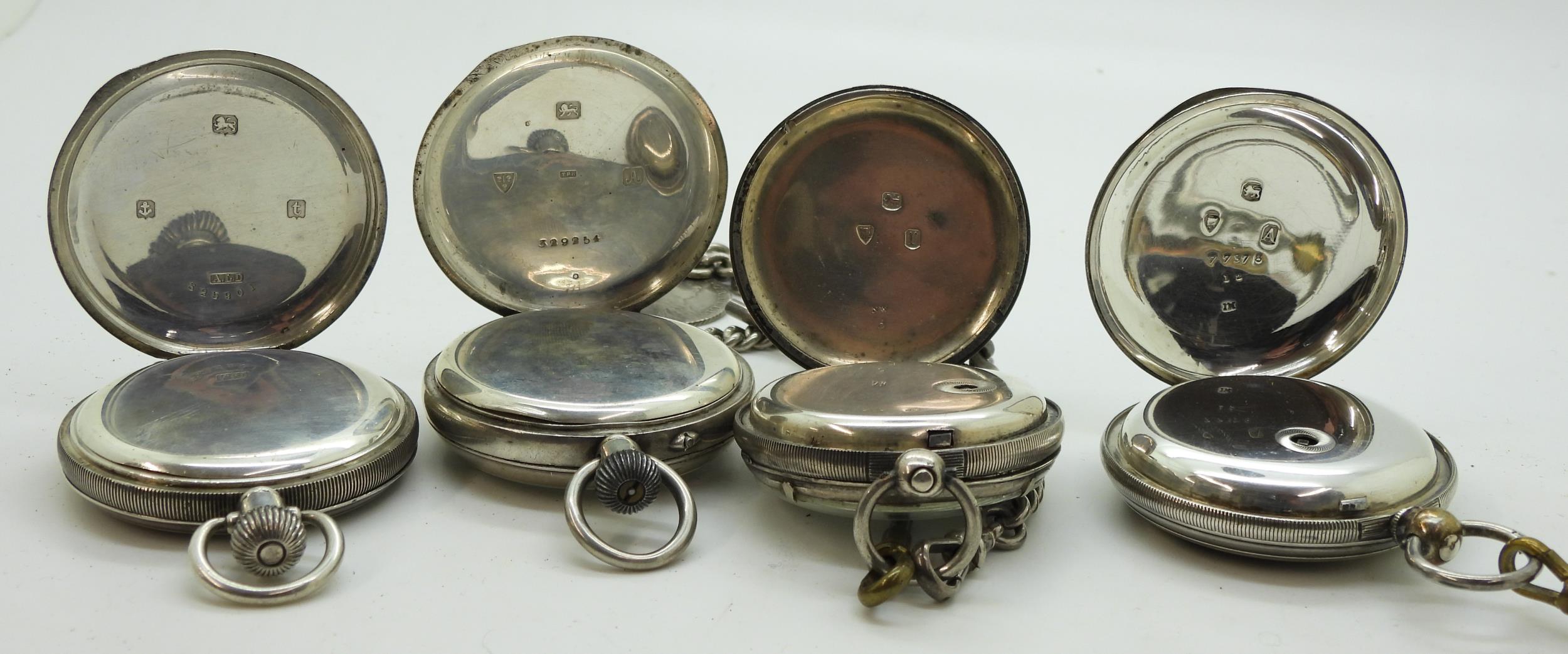 Four silver pocket watches, a silver full hunter, hallmarked London 1876, a Waltham full hunter , - Image 4 of 5