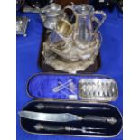 A collection of EPNS including a Mappin Brothers horn carving set, plates, sugar tongs, swing