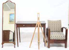 A lot comprising walnut framed dressing mirror, mahogany two drawer hall table, mahogany framed