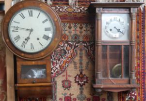 A lot comprising Victorian walnut cased wall clock with white dial bearing Roman numerals, 70cm high