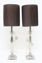 A pair of contemporary nickel reeded column table lamps with square stepped bases, 84cm high (2)