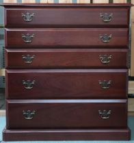 A 20th century stained veneer chest of five graduating drawers on plinth base, 100cm high x 94cm