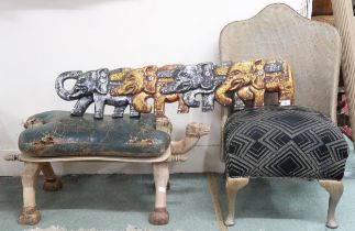 A lot comprising a Lloyd Loom style chair, camel stool and a contemporary elephant sculpture (3)