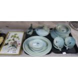 A Wedgwood Greenwood dinner service and two framed Japanese silk pictures Condition Report:Available