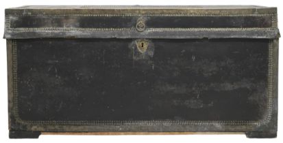 A LATE 18TH/EARLY 19TH CENTURY CAMPHORWOOD BRASS BOUND AND STUDDED CHEST  with hide bound exterior