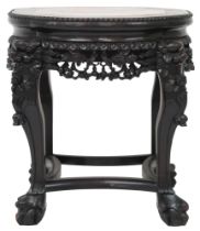 A CHINESE HARDWOOD MARBLE INSET PLANT PEDESTAL  shaped marble inset top over gadrooned pierced