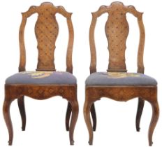 A PAIR OF 19TH CENTURY DUTCH WALNUT MARQUETRY/PARQUETRY SIDE CHAIRS backrests with serpentine tops