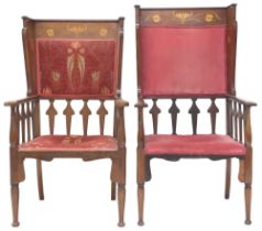 A HIS & HER PAIR OF EARLY 20TH CENTURY MAHOGANY AFTER SHAPLAND & PETTER, BARNSTAPLE WINGBACK