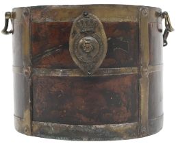 A 19TH CENTURY IRISH BRASS BOUND TWIN HANDLED BUCKET  bearing brass plaque depicting the crown and