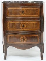 AN 18TH CENTURY ITALIAN WALNUT AND PARQUETRY/MARQUETRY INLAID MARBLE TOPPED BOMBE COMMODE CHEST
