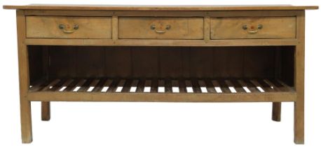 A 19TH CENTURY PINE FARMHOUSE  KITCHEN SERVING/LARDER TABLE  with rectangular two plank top over