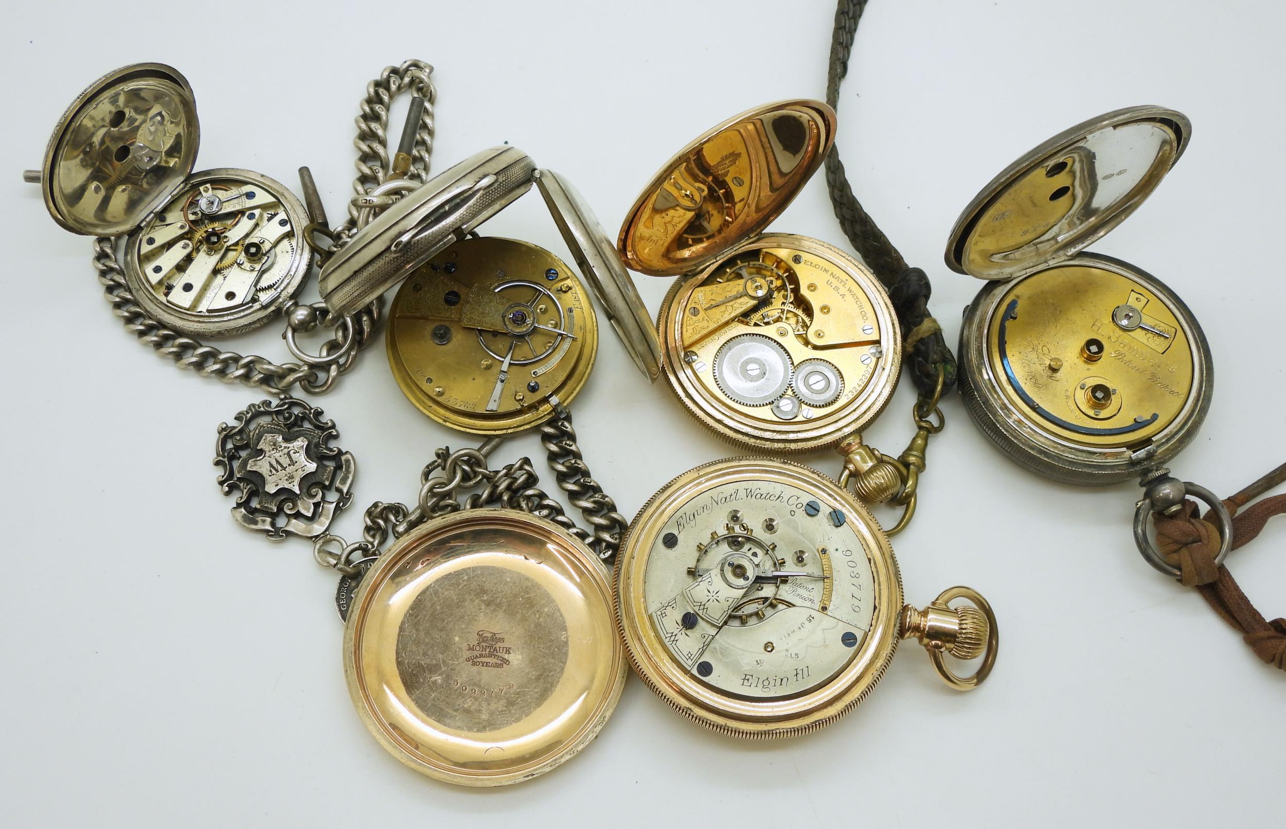 A silver pocket watch with a decorative dial, hallmarked 1856, with a silver fob chain, a silver - Image 4 of 4