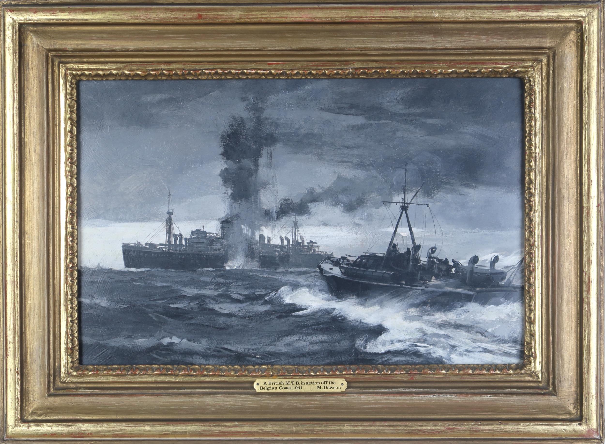 MONTAGUE DAWSON RSMA FRSA (BRITISH 1890-1973) MOTOR TORPEDO-BOAT FIRING Oil on board, en - Image 2 of 5