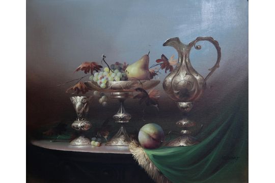 AFTER JOSZEF MOLNAR (HUNGARIAN 1821-1899)  STILL LIFE WITH FRUITS AND BRASSWARE  Oil on canvas, - Image 1 of 2