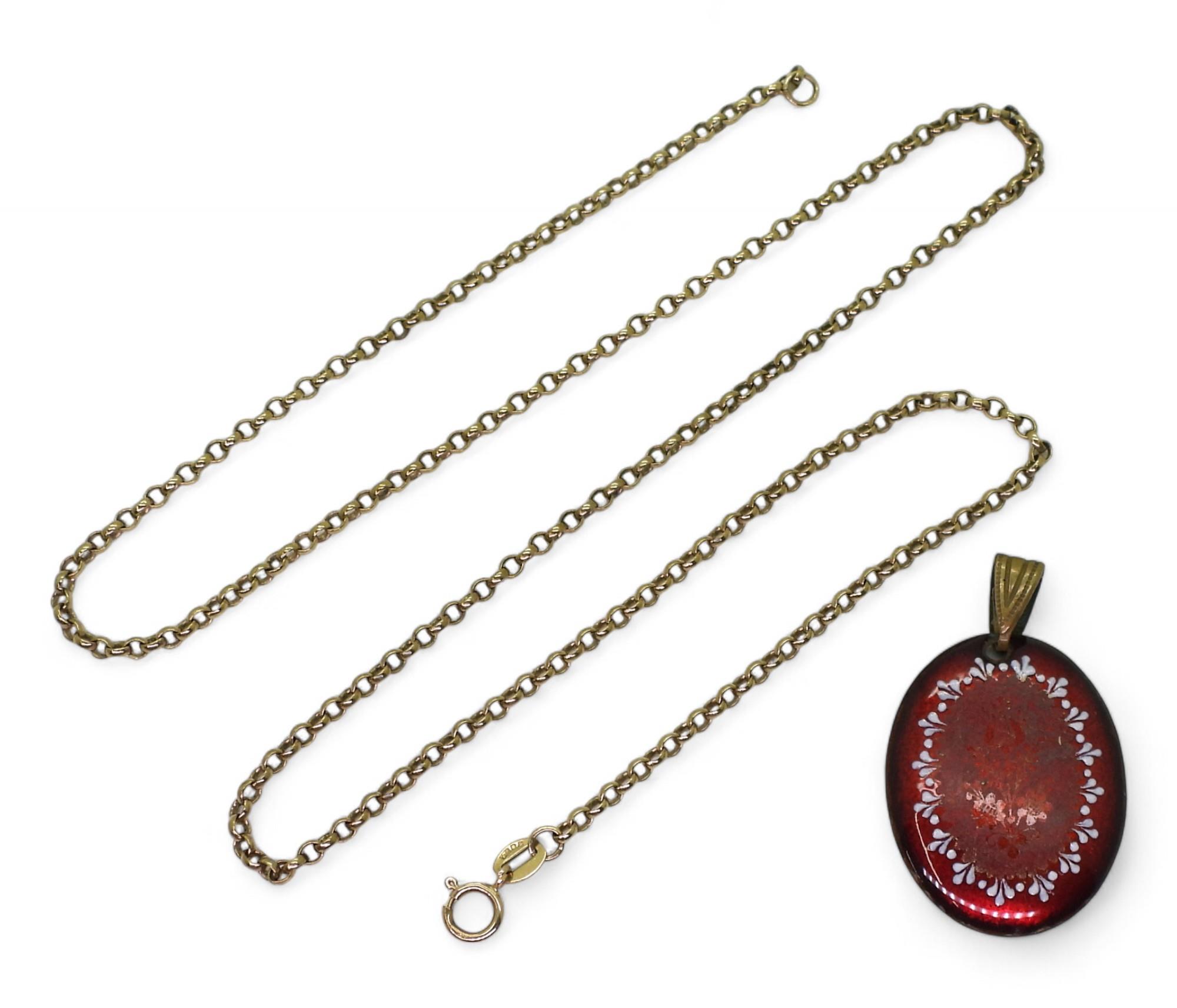 A 9ct gold belcher chain length 52cm, together with a gold plated Austrian enamel pendant