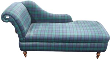 A 20th century plaid upholstered chaise longue with scrolled end on turned supports, 81cm high x