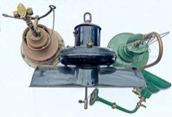 Gas Lamps, x3 including two different platform styles, one with green enamel shade, the other mostly