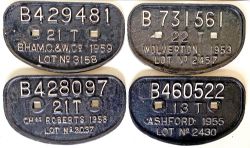 D Type Wagon Plates comprising; Ashford 1955 B460522 13 Tons Lot 2430; Chas Roberts 1958 B428097