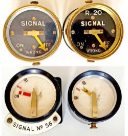 A pair of brass cased Signal Box Indicators both with white lettering on black faces and both top