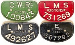 D Type Wagon Plates comprising: GWR 10 Tons 100843; LMS 20 Tons 731269; LMS 22 Tons 492627; E 21