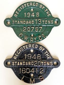 Wagon Registration Plates comprising: GWR 1948 Standard 13 Tons 20757; LMS Standard 1948 20Tons