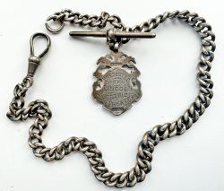 Hallmarked silver 60 link Watch fob measuring 14.5in long and having a hallmarked silver medal