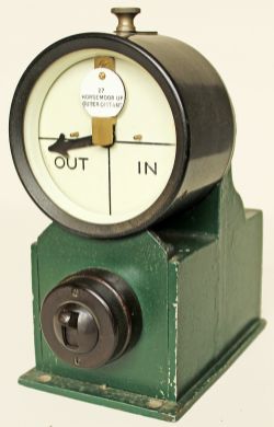 Bakelite In/Out Indicator with bakelite switch mounted beneath on a cast iron enclosure and