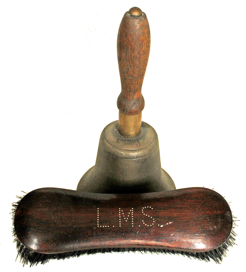 LMS Station Bell, engraved LMS on rim, wooden handle complete with clapper. Nice condition.