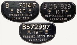 D Type Wagon Plates comprising: Swindon 1953 22 Tons B731417 Lot No 2328; Met Cammell 1956 B251929