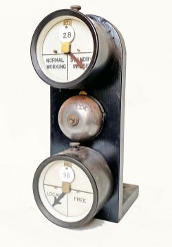A pair of bakelite cased Repeaters with central warning bell. Shelf mounted as used in signal box.