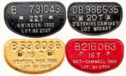D Type Wagon Plates comprising: Swindon 1950 B731043 22 Tons Lot No 2127; Central Wagon 1958 B593036