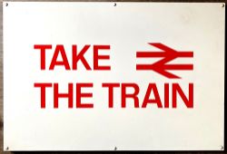 Modern alloy sign with rear top and bottom slide brackets TAKE THE TRAIN with double arrow logo.